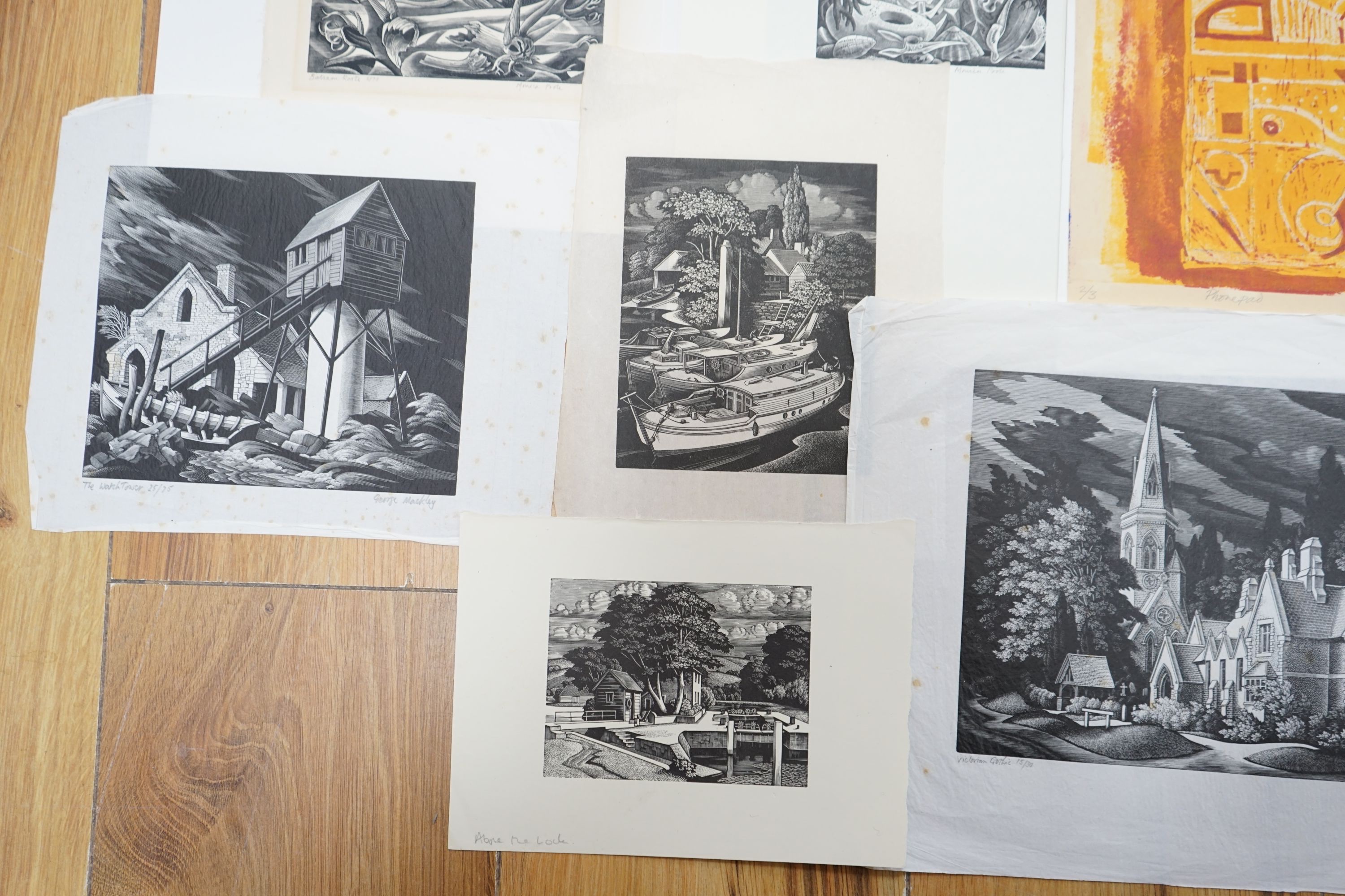 A folio of assorted woodblock prints by Monica Poole, George Mackley and P. Dixon, largest 15 x 20cm